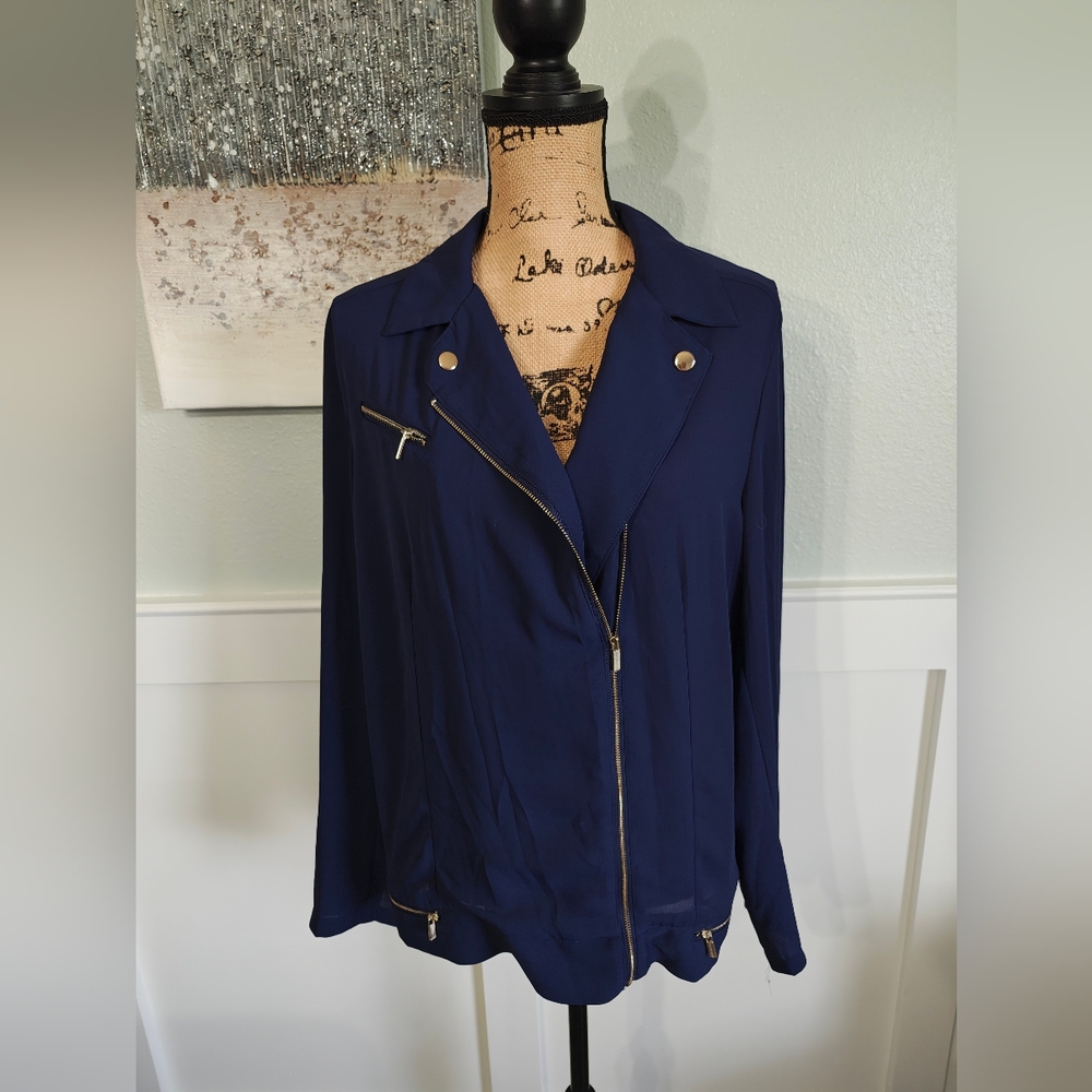 Kut from the Kloth Navy Semi Sheer Moto Style Blouse Zipper details